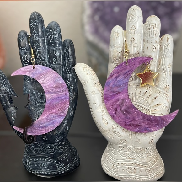 Witchy Moon Black Cat Star Acrylic Glitter Earrings - Picture 4 of 8